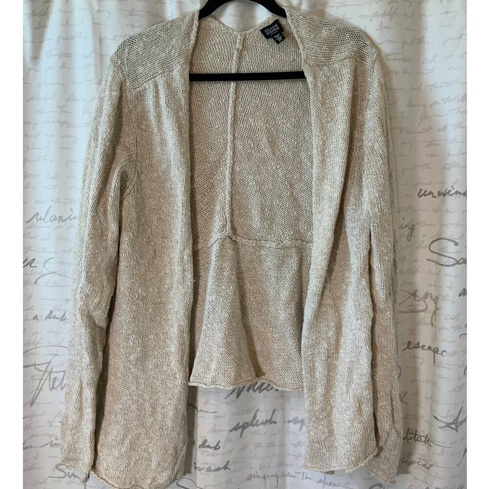 Eileen Fisher 2X Beige Italian Cotton Linen Knit Open Front Cardigan Plus